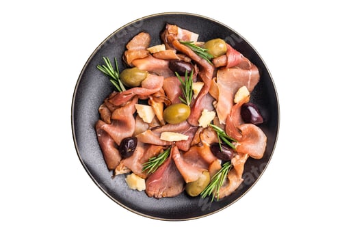 Preview: Antipasto with Prosciutto ham, parmesan cheese, rosemary and olives in a plate