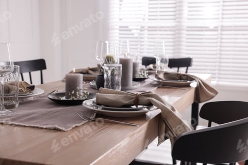 Preview: Festive table setting with beautiful tableware and decor indoors