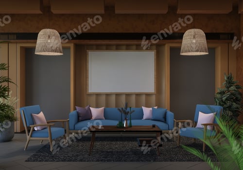 Preview: 3D illustration Mockup photo frame in living room rendering