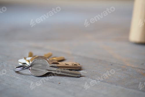 Preview: house keys on the ring on table in a room. To forget keys at home concept ,