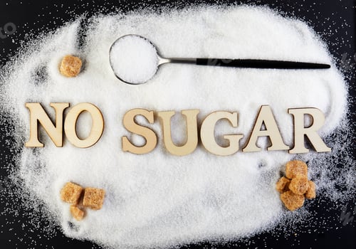 Preview: No sugar text from letters, sugar slide on a spoon, suggesting a diet and health concept
