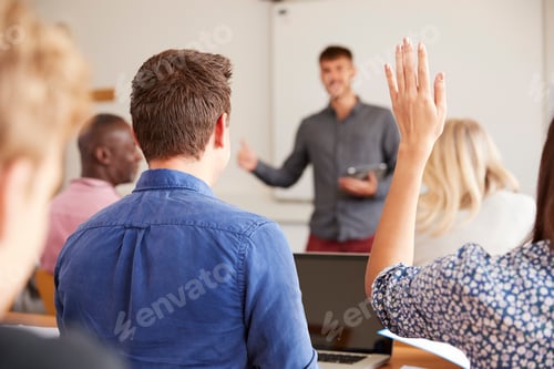 Preview: Rear View Of Mature College Student Asking Question In Class