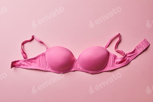 Preview: top view of pink brassiere on light pink background, breast cancer concept
