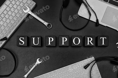 Preview: Cubes with word "SUPPORT" on dark background, flat lay composition. Technical service