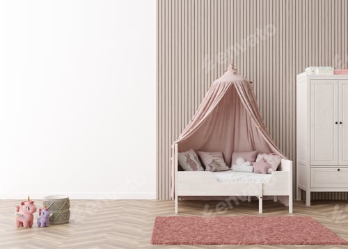 Preview: Kids room wallpaper presentation mock up. Empty white wall in modern child room. Copy space