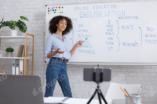 Preview: Correspondence education and e-learning. African american woman explains rules of english