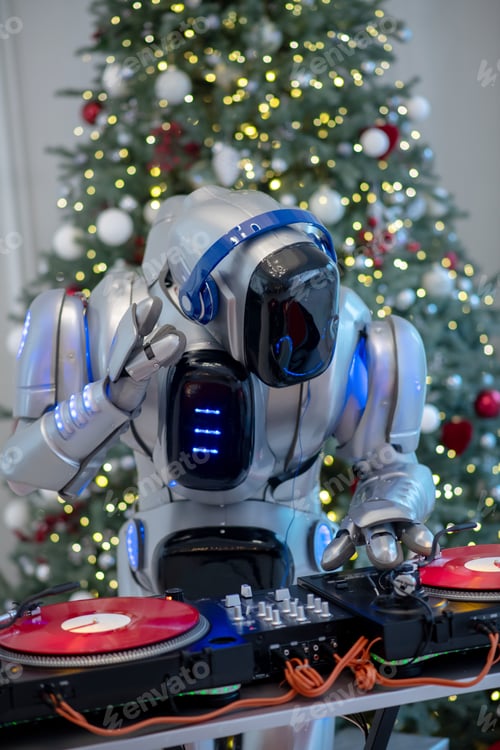 Preview: Robot dj in earphones dealing with vinyls