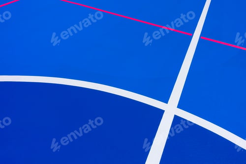 Preview: Design of a sports field, with blue background and red and yellow white lines creating strange