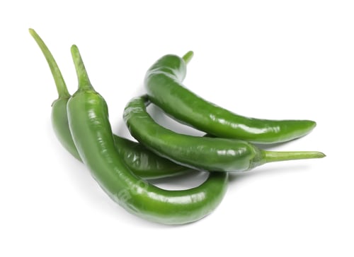 Preview: Green hot chili peppers on white background