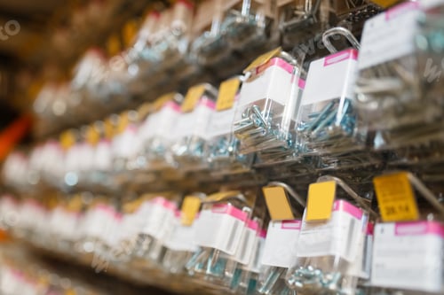 Preview: Rows of boxes with bolts in hardware store closeup