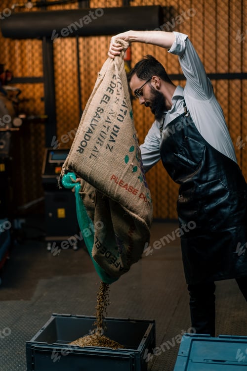 Preview: a young man in an apron pours raw coffee beans from a bag into a box