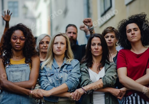 Preview: Group of people activists protesting on streets, women march and demonstration concept.