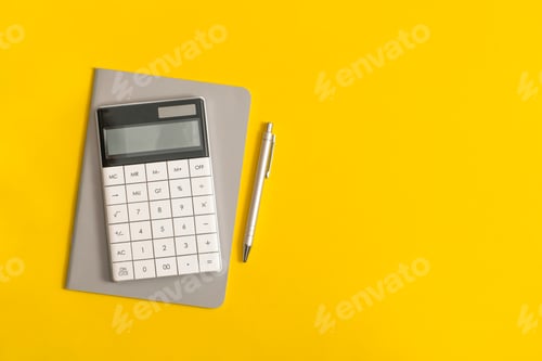 Preview: Notebook and calculator on table. Financial development, Banking Account, Statistics