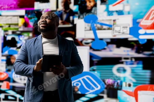 Preview: High tech black person connecting on web platforms with digital interfaces