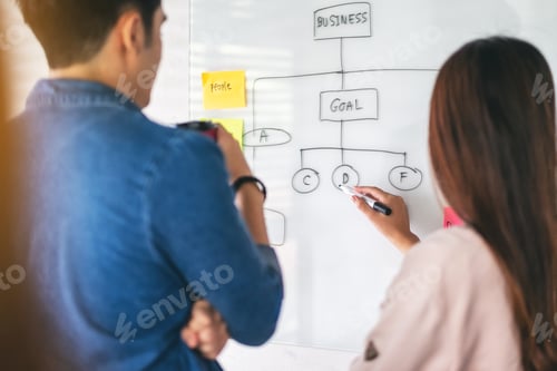 Preview: Group of business people looking and discussing ideas over whiteboard in office