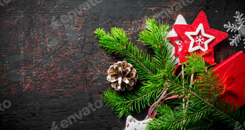 Preview: Christmas gift box with fir branch.