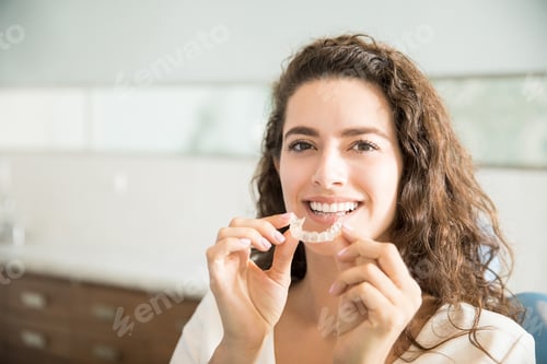Preview: Beautiful Patient Holding Orthodontic Retainers In Dental Clinic
