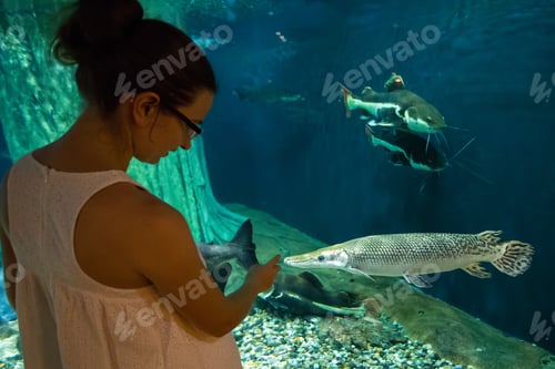 Preview: Woman In The Oceanarium Near Alligator Gar Fish