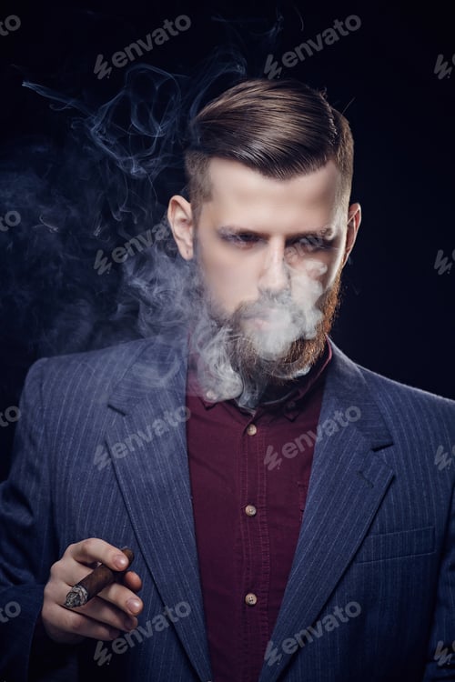 Preview: Bearded fashionable man in sunglasses smoking cigar.