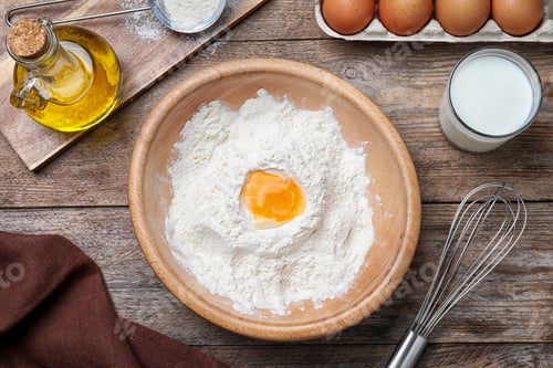 Preview: Flat lay composition with ingredients for thin pancakes on wooden table
