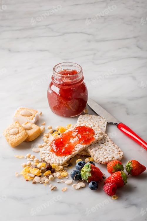 Preview: breakfast with strawberry jam cookie and fruits