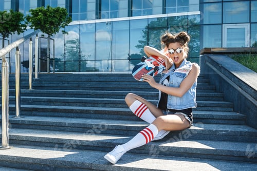 Preview: Stylish girl with a skateboard on the street