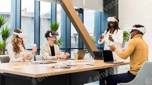 Preview: Business conference in VR in an office. Multiracial group of people using VR glasses and controllers