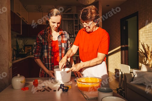 Preview: Young woman and senior mother cooking.