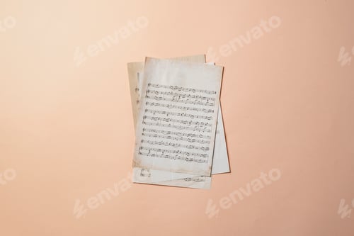 Preview: a close up ancient old paper sheet with music notes, classic culture arts