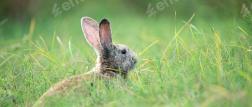 Preview: Little rabbit on green grass with background of natural in summer day at during the sunset.