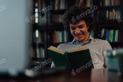 Preview: Student smiling and reading a book in the library