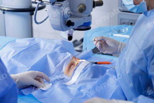 Preview: Blepharoplasty under operating microscope with gloved surgeons and sterile drapes