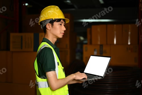 Preview: Side view male worker using laptop, checking quantity of storage product.