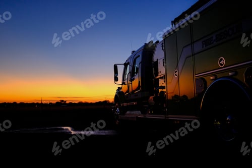 Preview: Yellow fire truck under the beautiful sunset sky