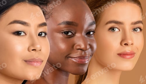 Preview: Smiling faces of multiracial ladies posing on beige, collage