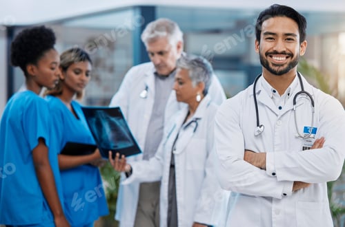 Preview: Man doctor, hospital team and leadership portrait outdoor feeling serious with vision. Healthcare x