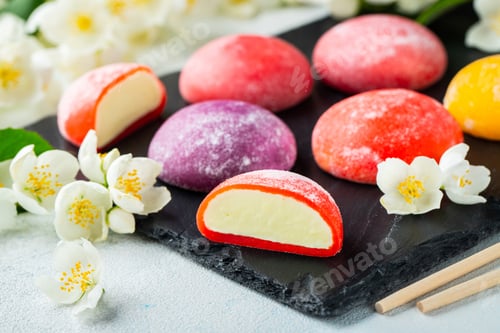 Preview: colored Japanese ice cream Mochi in rice dough.