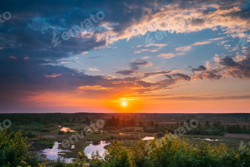 Preview: Beautiful Amazing Sunrise Above Summer Forest And River Landscap