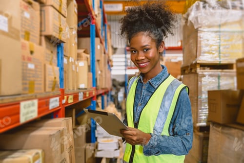 Preview: woman worker black African girl teen work cargo warehouse inventory staff portrait happy smile