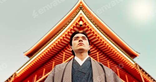 Preview: Asian, man at temple in Japan and religion, low angle view for mindfulness, culture and tradition.