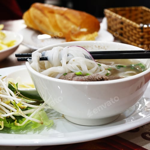 Preview: traditional Vietnamese pho bo soup with bean sprouts