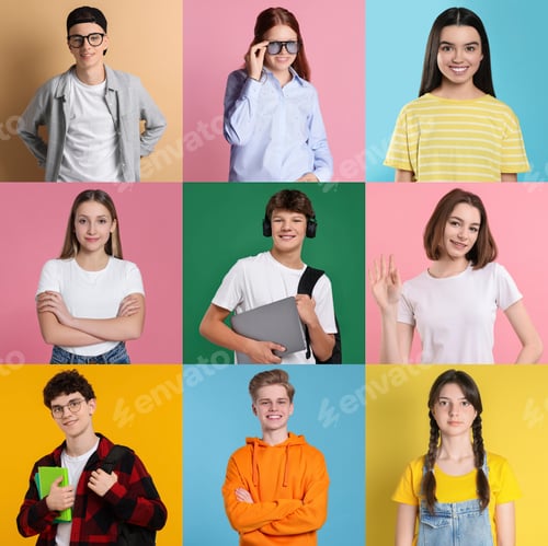 Preview: Teenagers on different colors backgrounds. Collection of portraits