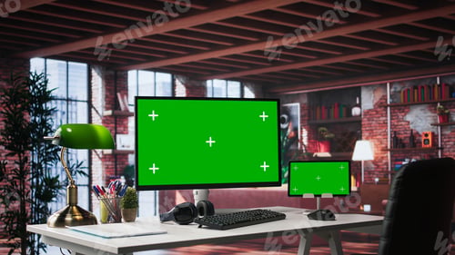 Preview: Statement interior with clean desk and chroma key screen running on monitor