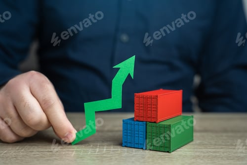 Preview: Shipping containers and a green arrow up. Increased transportation volumes and income growth.