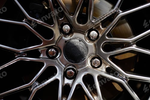 Preview: Close up of Modern Alloy Wheel Rim Showing Detailed Metal Spokes Design