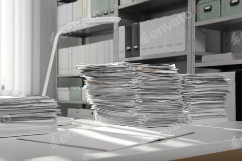 Preview: Stacks of documents on table in office