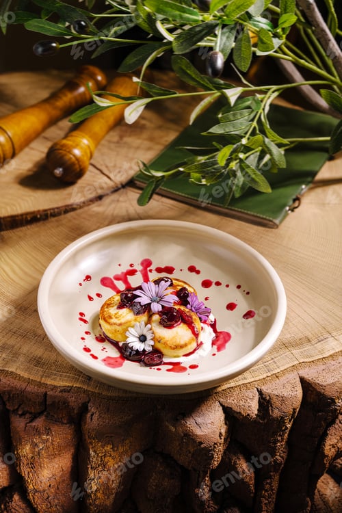 Preview: Small dessert served on a rustic wooden table with colorful sauce and flowers
