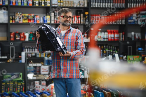 Preview: Salesman holding car headlight in auto parts store