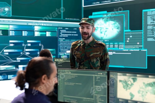 Preview: Military soldier working in a government cyber defense agency office