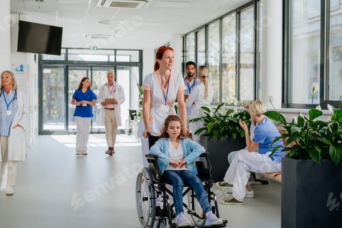 Preview: Young nurse pushing little girl on wheelchair at hospital corridor.